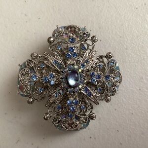 Vintage 1960s Rhinestone Cross Brooch Blue AB Crystal Statement Pin